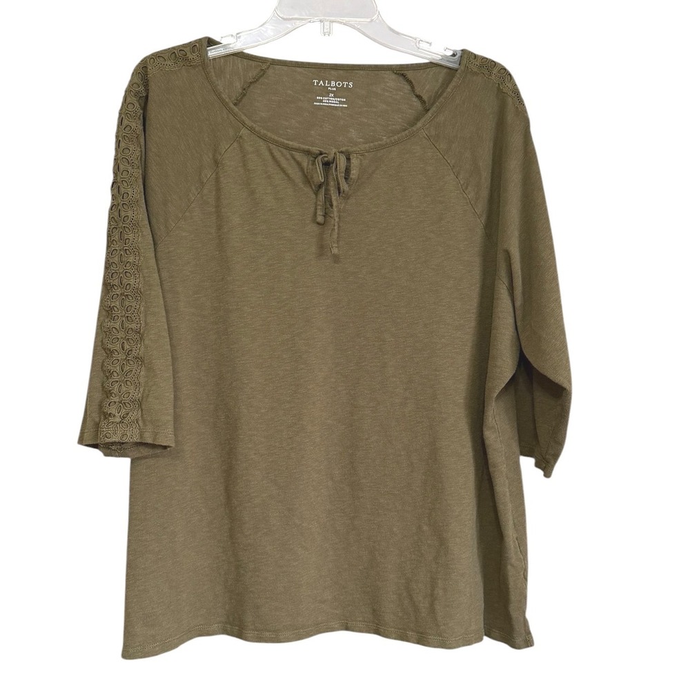 Talbots Plus Olive Green Eyelet Lace Sleeve Tie Neck Top 2X Cotton Modal Cozycor